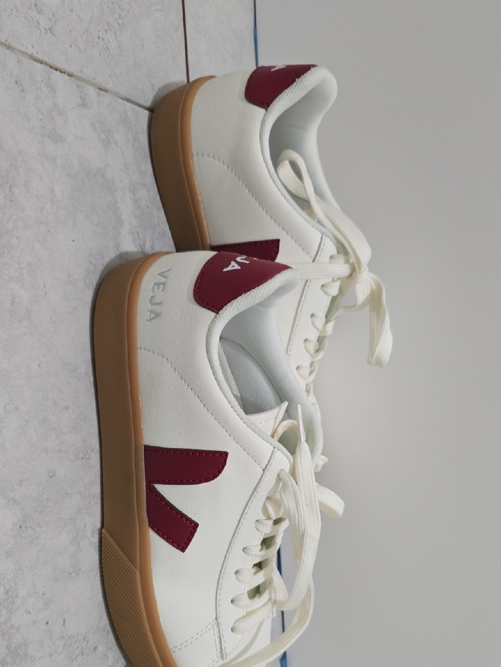 Veja White Leather Sneakers with Burgundy V and Gum Sole
